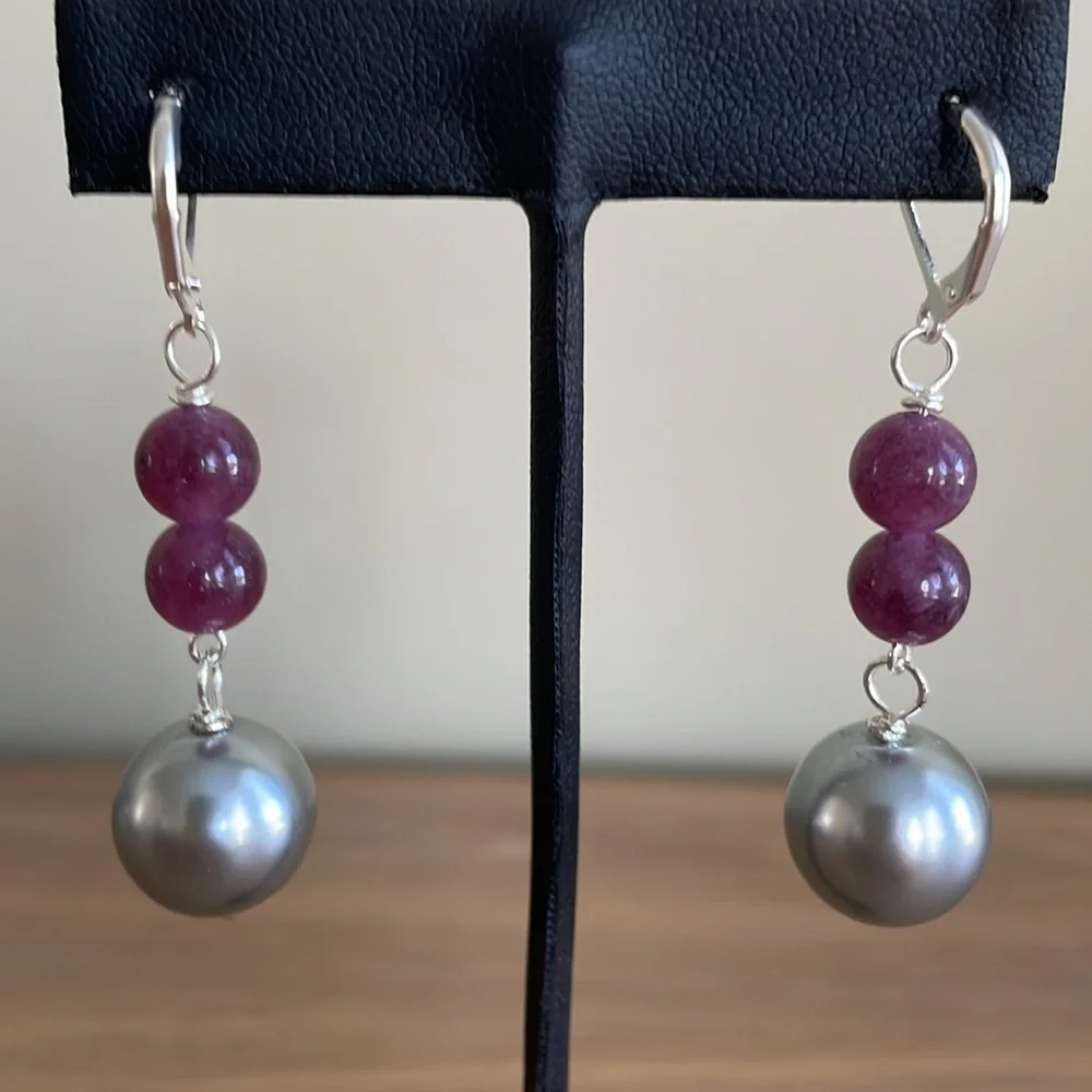 HAND CRAFTED BON BON EARRINGS Purple Lepodite Silver Glass Pearl Ball Drop
